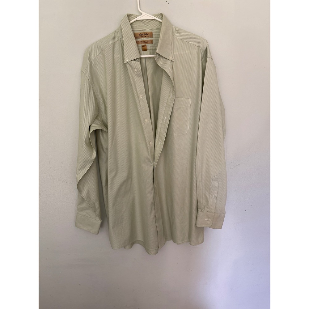 Roundtree & Yorke Button Down Mens 16.5 35 Green Excellent Pinstripe Non-Iron